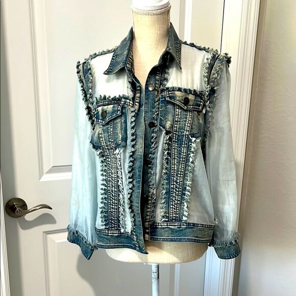 A.Z.I. Jackets & Blazers - A.Z.I . Denim / Sheer Short Jacket Frayed Ruffle Acid Washed Sz M NWOT